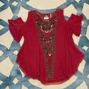 Free People Red and Gold Flutter Sleeve Blouse with Embellished Cut Out